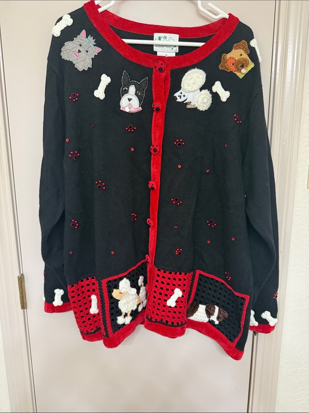 The Quaker Factory Black & Red Dog Appliqué Cardigan Sweater